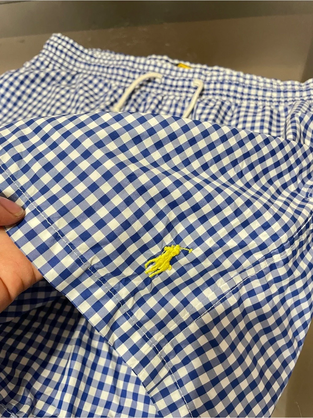 Polo Ralph Lauren Men's Blue and White Gingham Swim Trunks with Yellow Logo